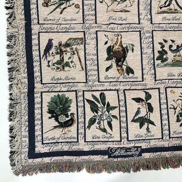 Vintage Tapestry Afghan Woven Blanket Birds Williamsburg 52” x 40" - Picture 6 of 8